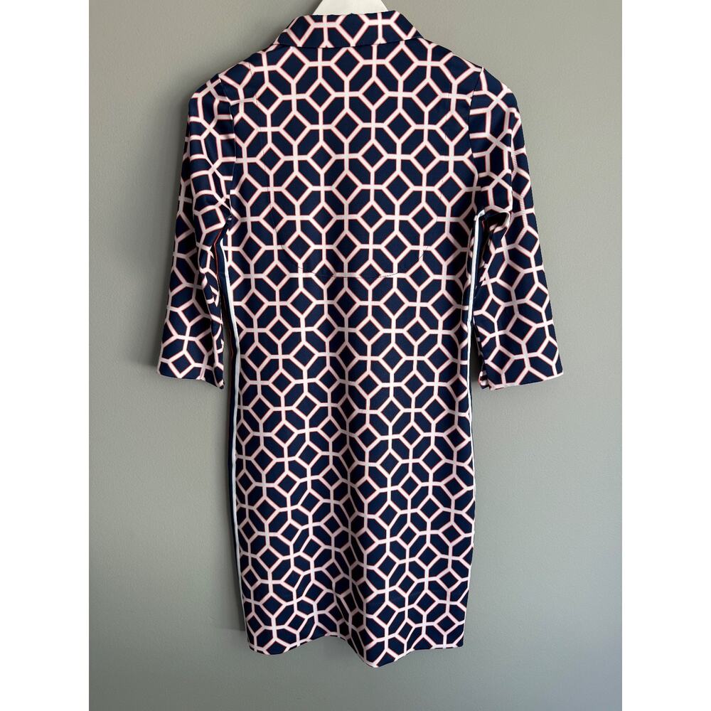 Gretchen Scott SHRIMP Shift Dress Navy Geometric Print 3/4 Sleeve Button Neck - Picture 5 of 6
